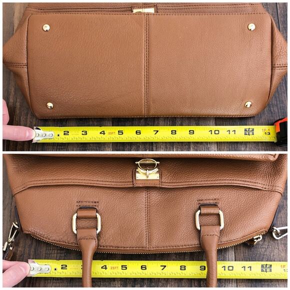 Calvin Klein Pebbled Leather Satchel Bag Dual Handle Exterior Pockets Brown Gold - Picture 14 of 16